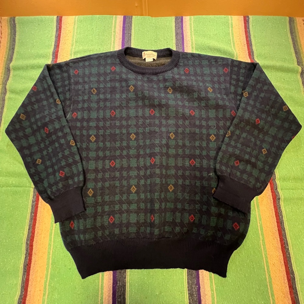 Capper & Capper Sweater Mens XL Blue Green Wool Geometric Crewneck Vintage